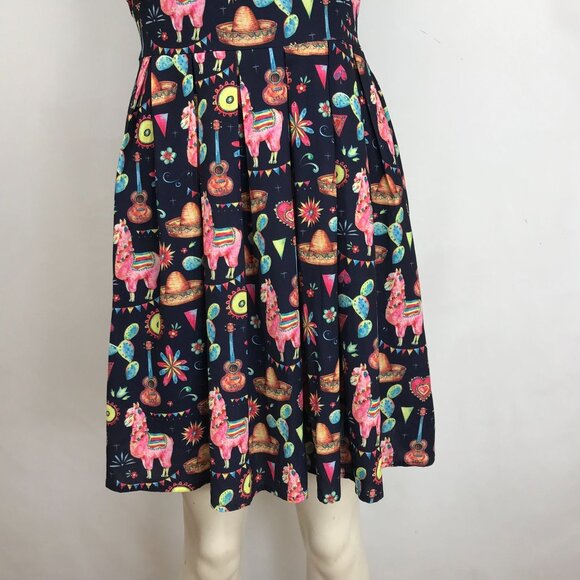 DOLLZ & DAMES- WOMEN SMALL ~ NAVY WESTERN LLAMA CACTUS PLEATED RETRO DRESS - Picture 3 of 7